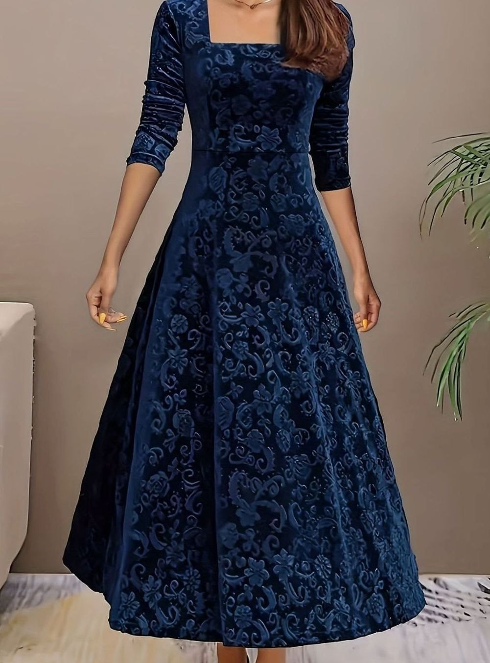 Women's Square Neck Velvet Floral Embossed Party Dress