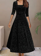 Women's Square Neck Velvet Floral Embossed Party Dress