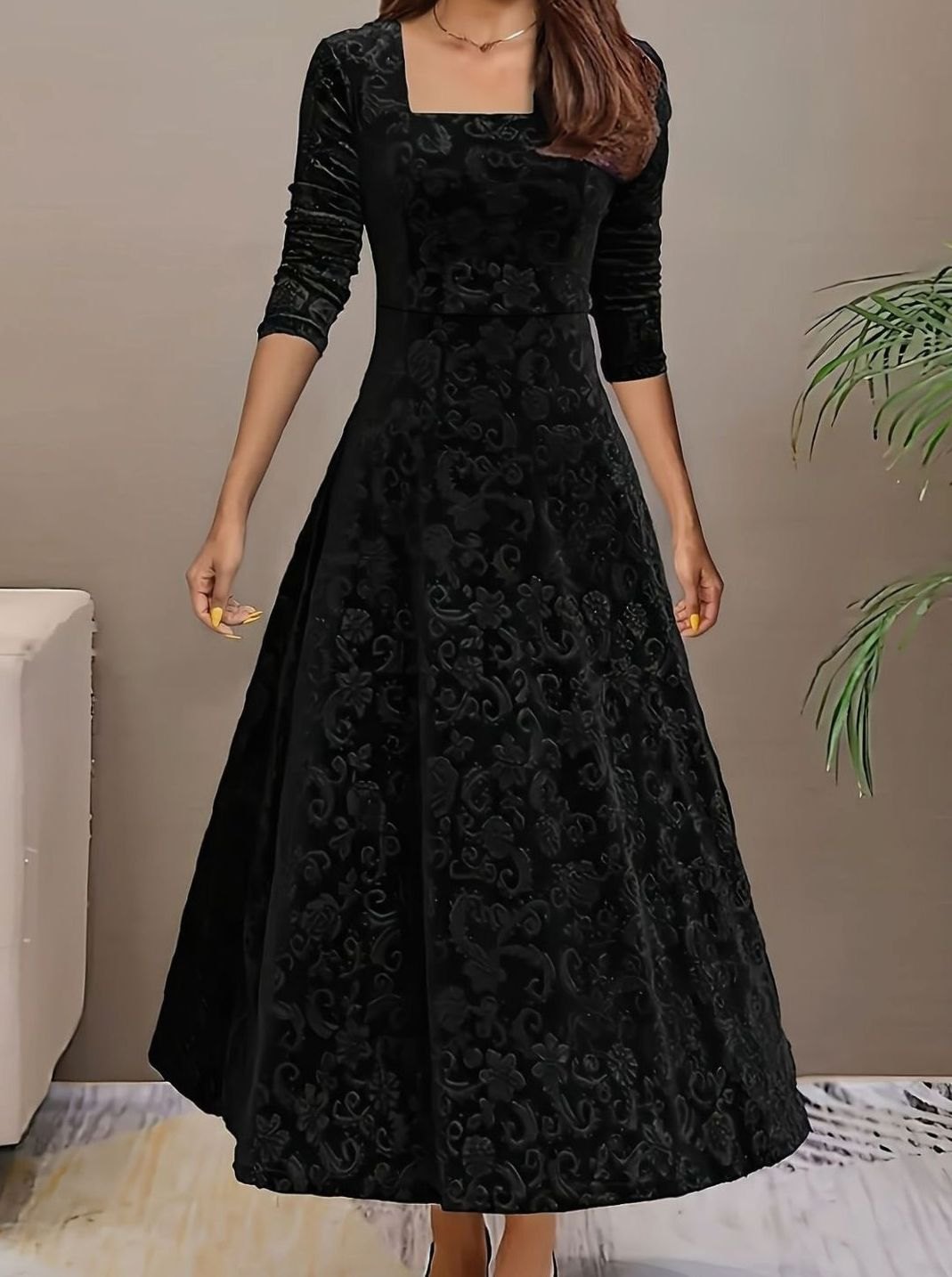 Women's Square Neck Velvet Floral Embossed Party Dress