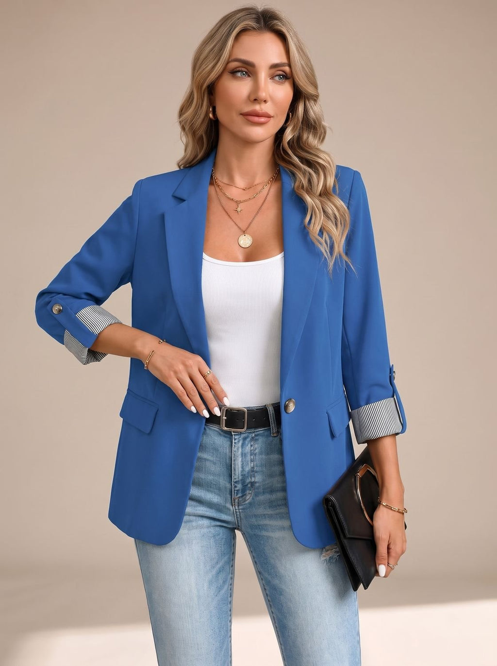 Women's Hip-Length Soft Blazer with Convertible Striped Cuffs - Blue
