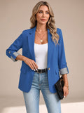 Women's Hip-Length Soft Blazer with Convertible Striped Cuffs - Blue