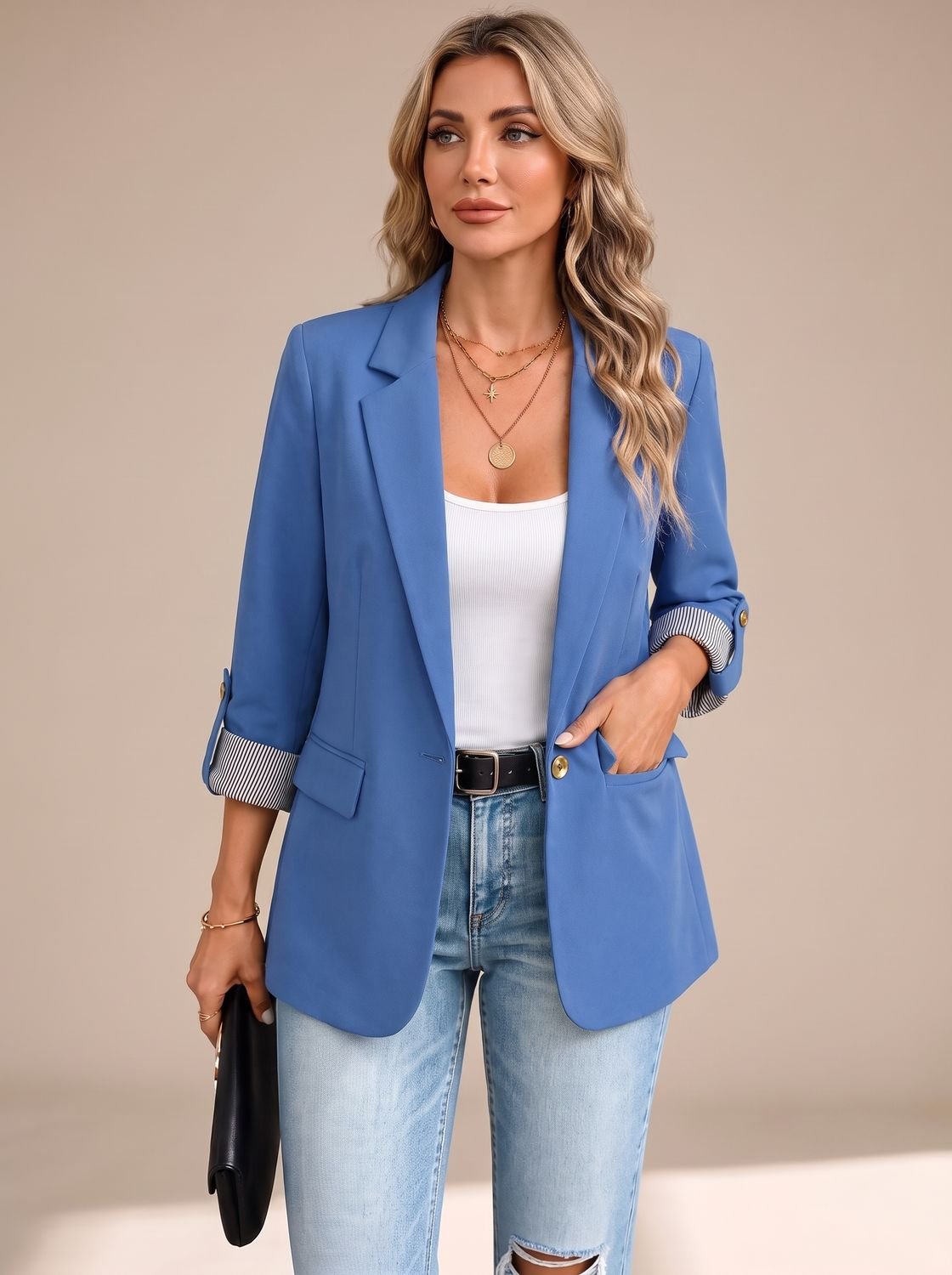 Women's Hip-Length Soft Blazer with Convertible Striped Cuffs