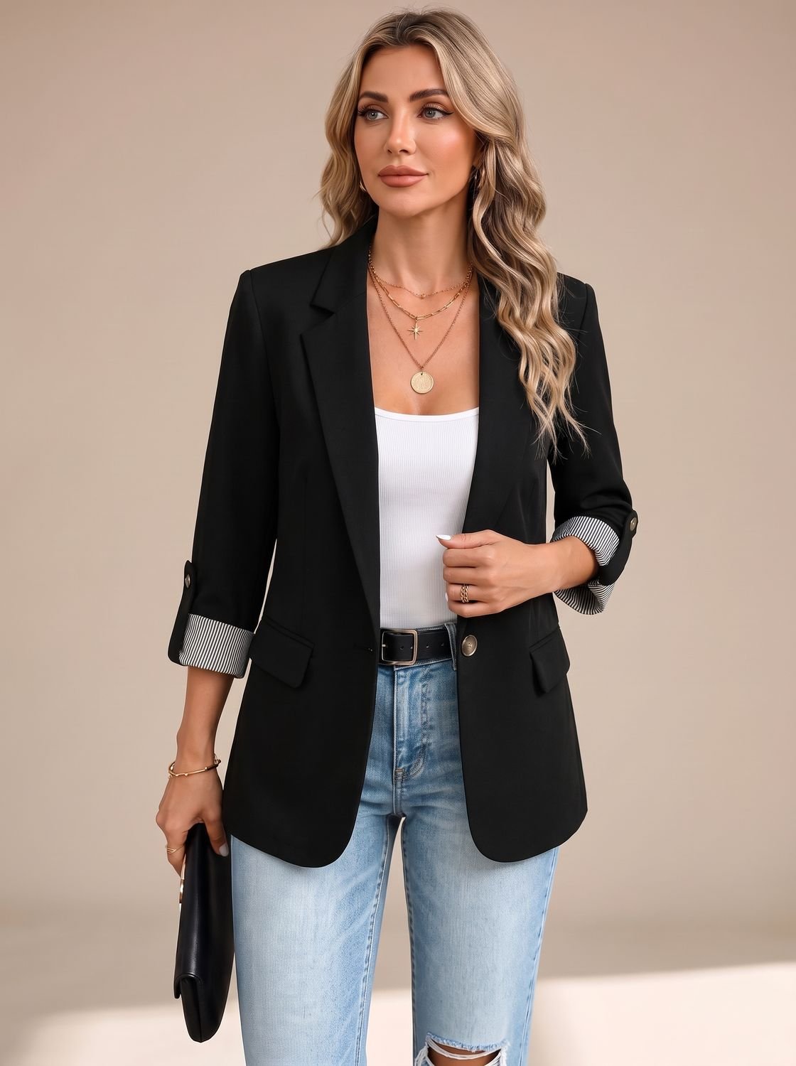 Women's Hip-Length Soft Blazer with Convertible Striped Cuffs - Black