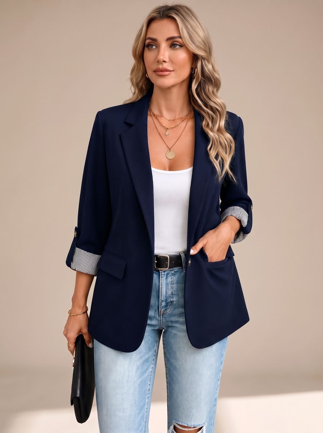 Women's Hip-Length Soft Blazer with Convertible Striped Cuffs - Navy Blue