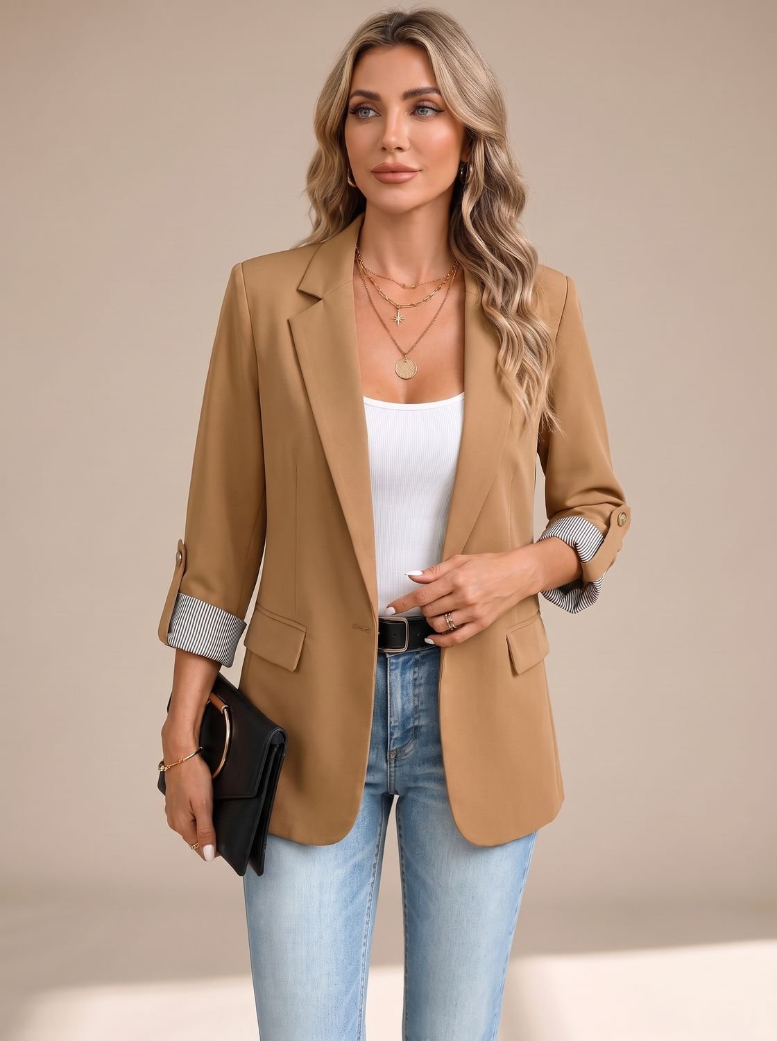Women's Hip-Length Soft Blazer with Convertible Striped Cuffs - Brown