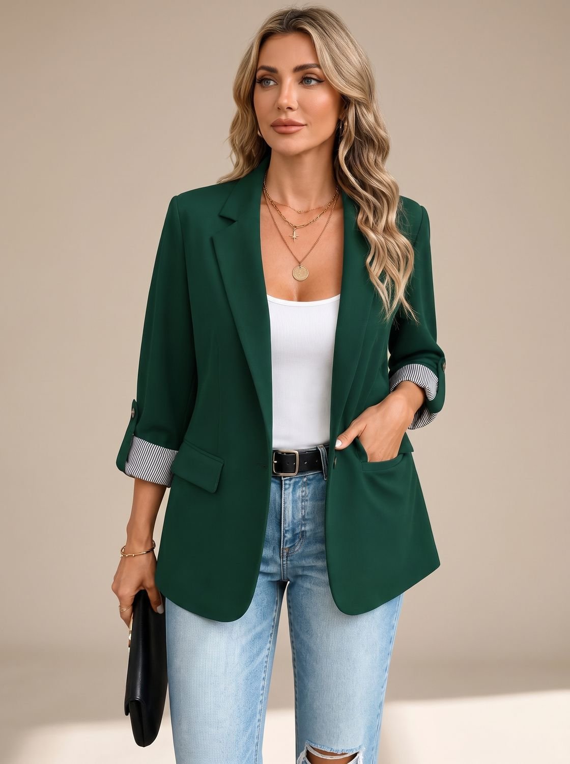 Women's Hip-Length Soft Blazer with Convertible Striped Cuffs - Dark Green