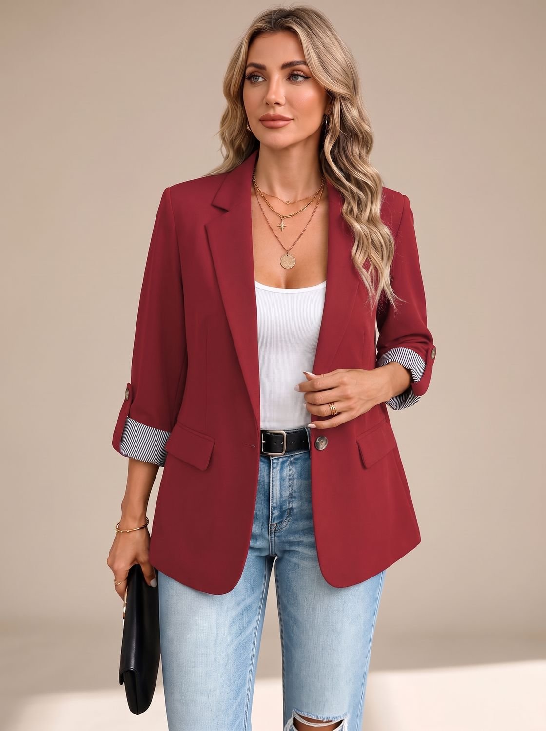 Women's Hip-Length Soft Blazer with Convertible Striped Cuffs - Red