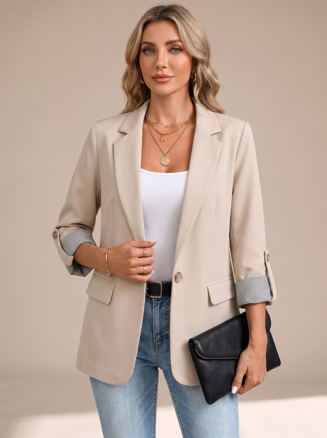 Women's Hip-Length Soft Blazer with Convertible Striped Cuffs - Apricot