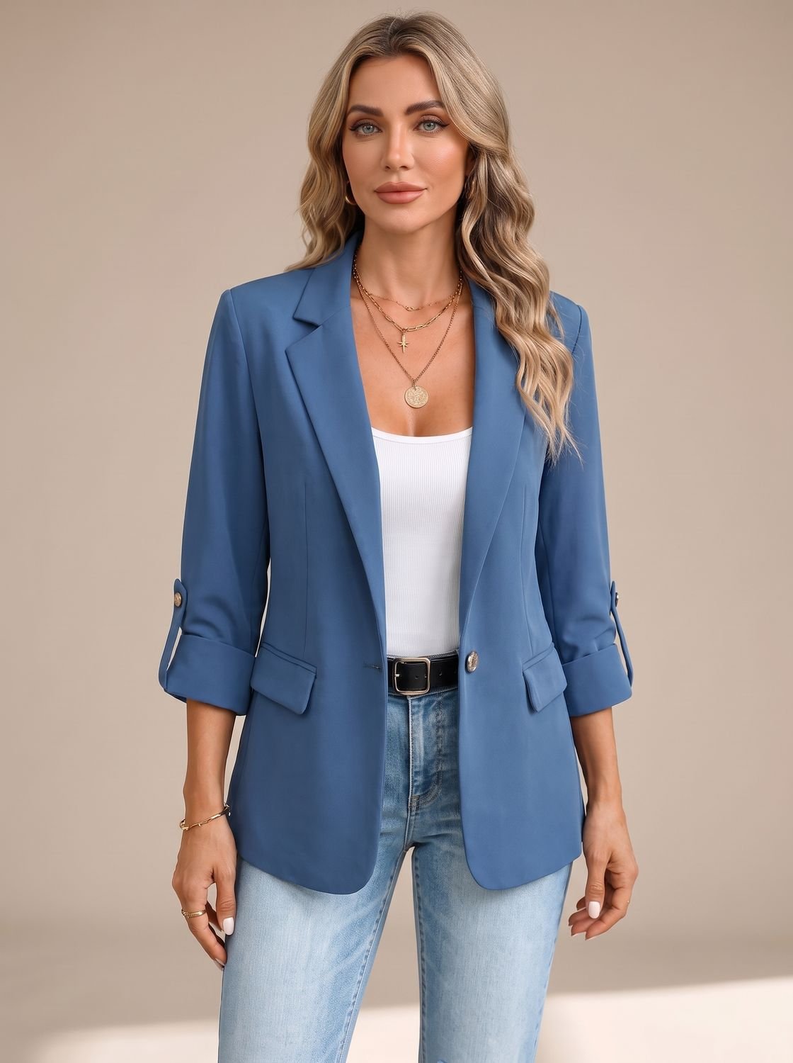 Women's Hip-Length Soft Blazer with Convertible Striped Cuffs - Blue Plain Sleeve