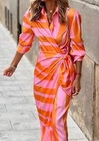 Women's Striped Wrap Maxi Long Sleeve Dress