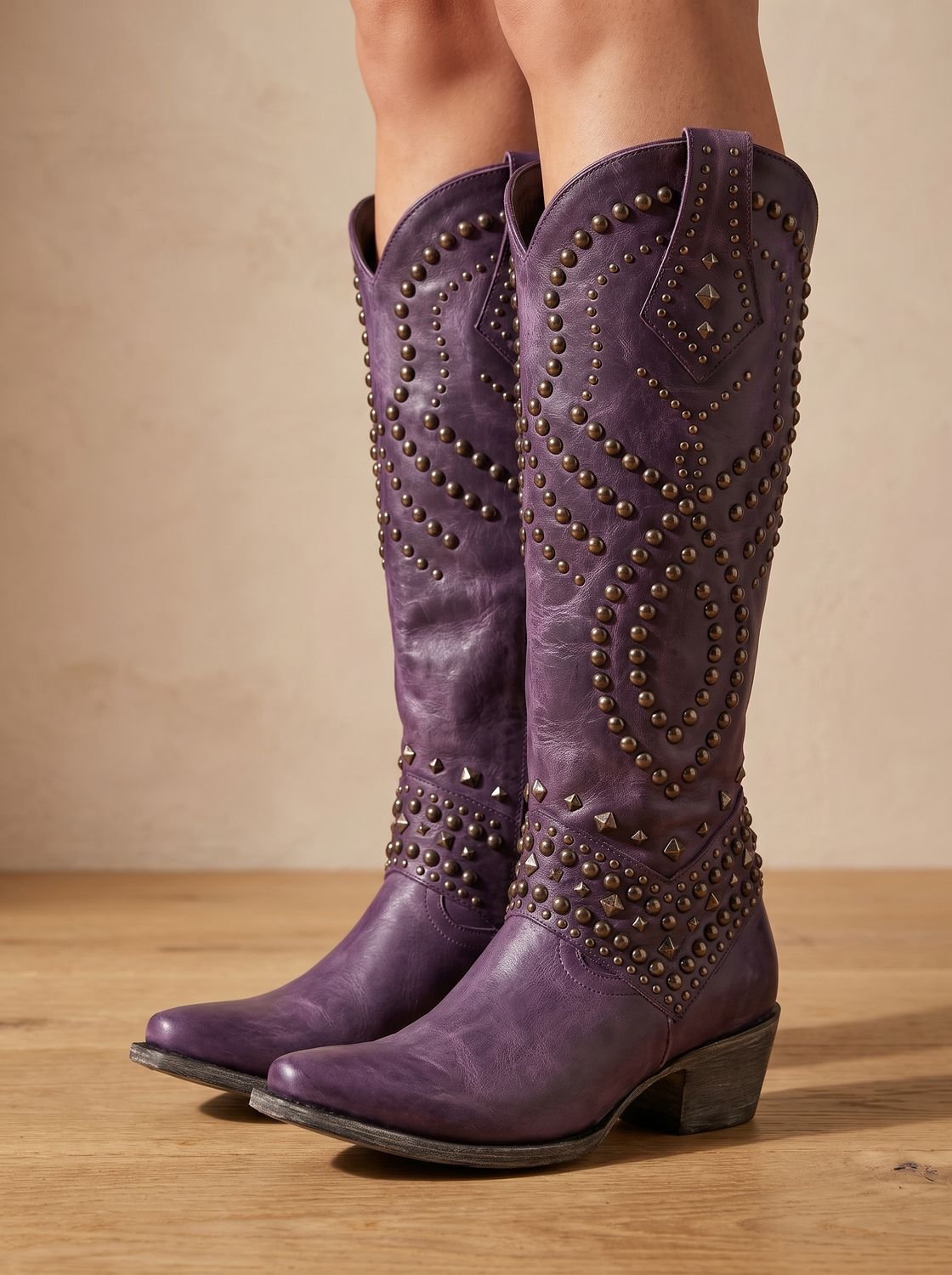 Women's Rivet Shaft Orthopedic Western Boots with Pointed Toe - Purple