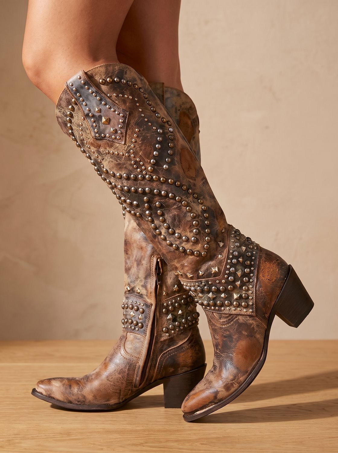 Women's Rivet Shaft Orthopedic Western Boots with Pointed Toe - Brown