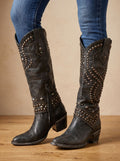 Women's Rivet Shaft Orthopedic Western Boots with Pointed Toe - Black