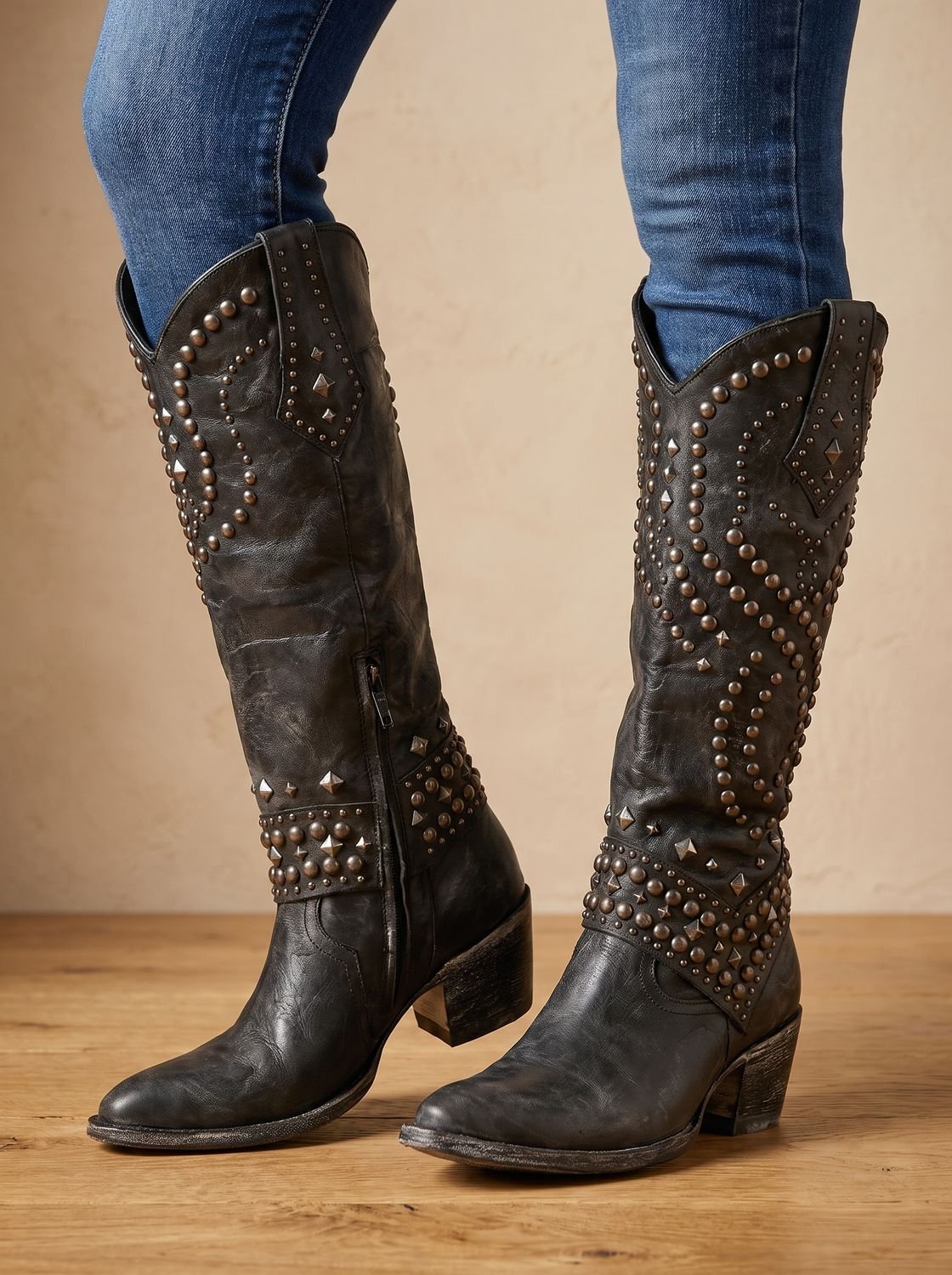 Women's Rivet Shaft Orthopedic Western Boots with Pointed Toe - Black
