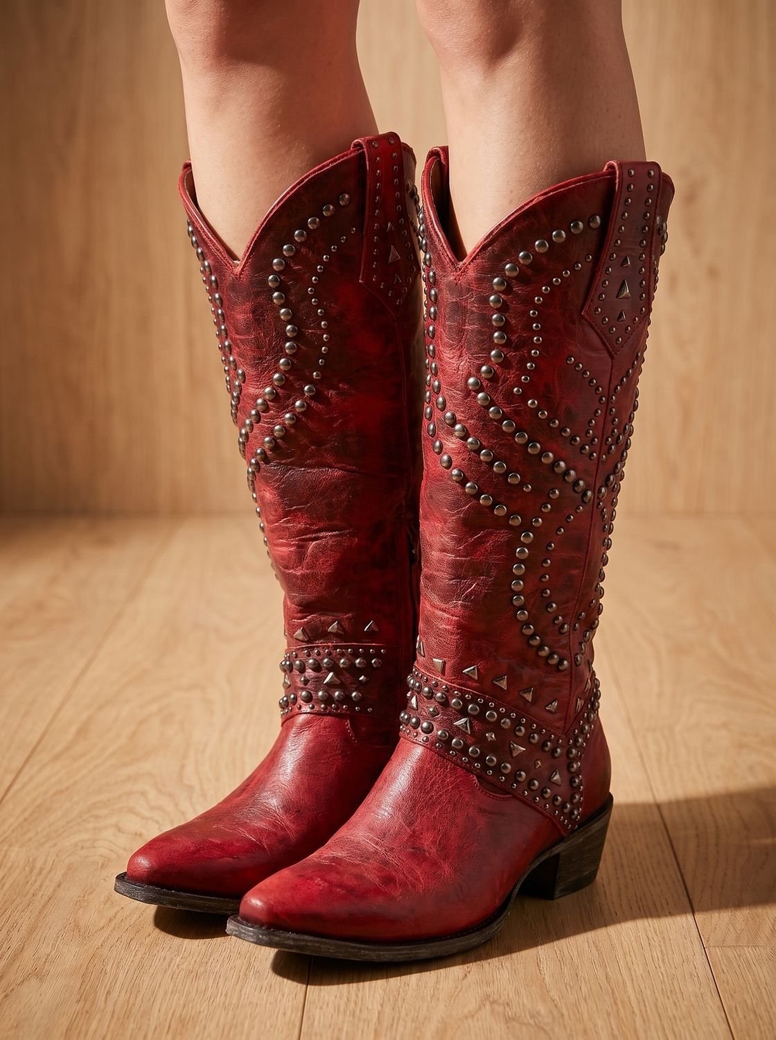 Women's Rivet Shaft Orthopedic Western Boots with Pointed Toe - Red