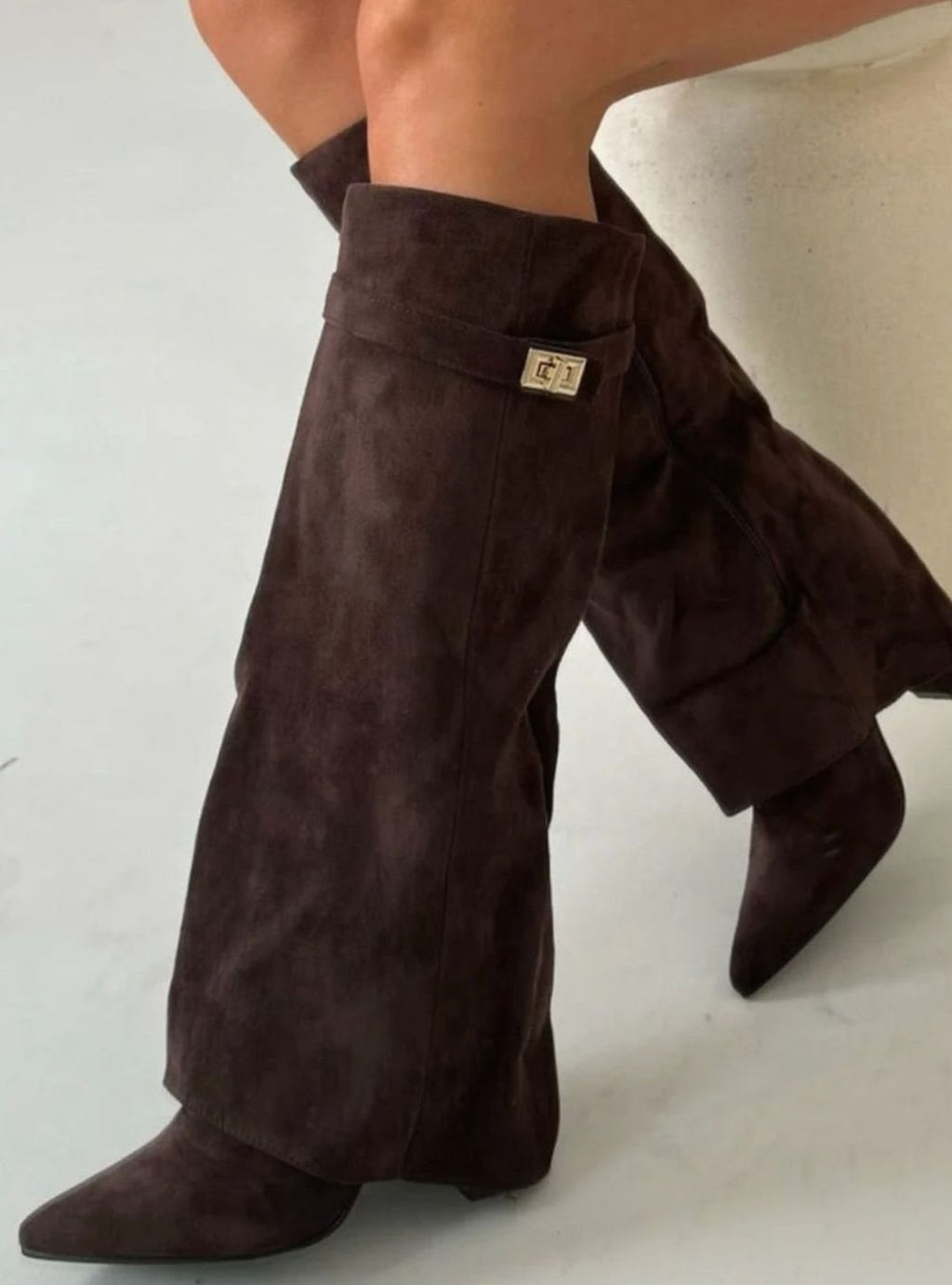 Women's Suede Knee-High Fold-Over Buckle Thigh-High Boots