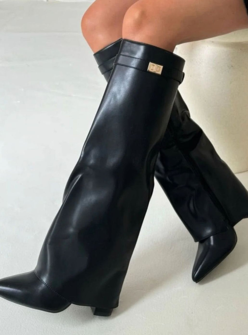 Women's Suede Knee-High Fold-Over Buckle Thigh-High Boots