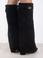 Women's Suede Knee-High Fold-Over Buckle Thigh-High Boots