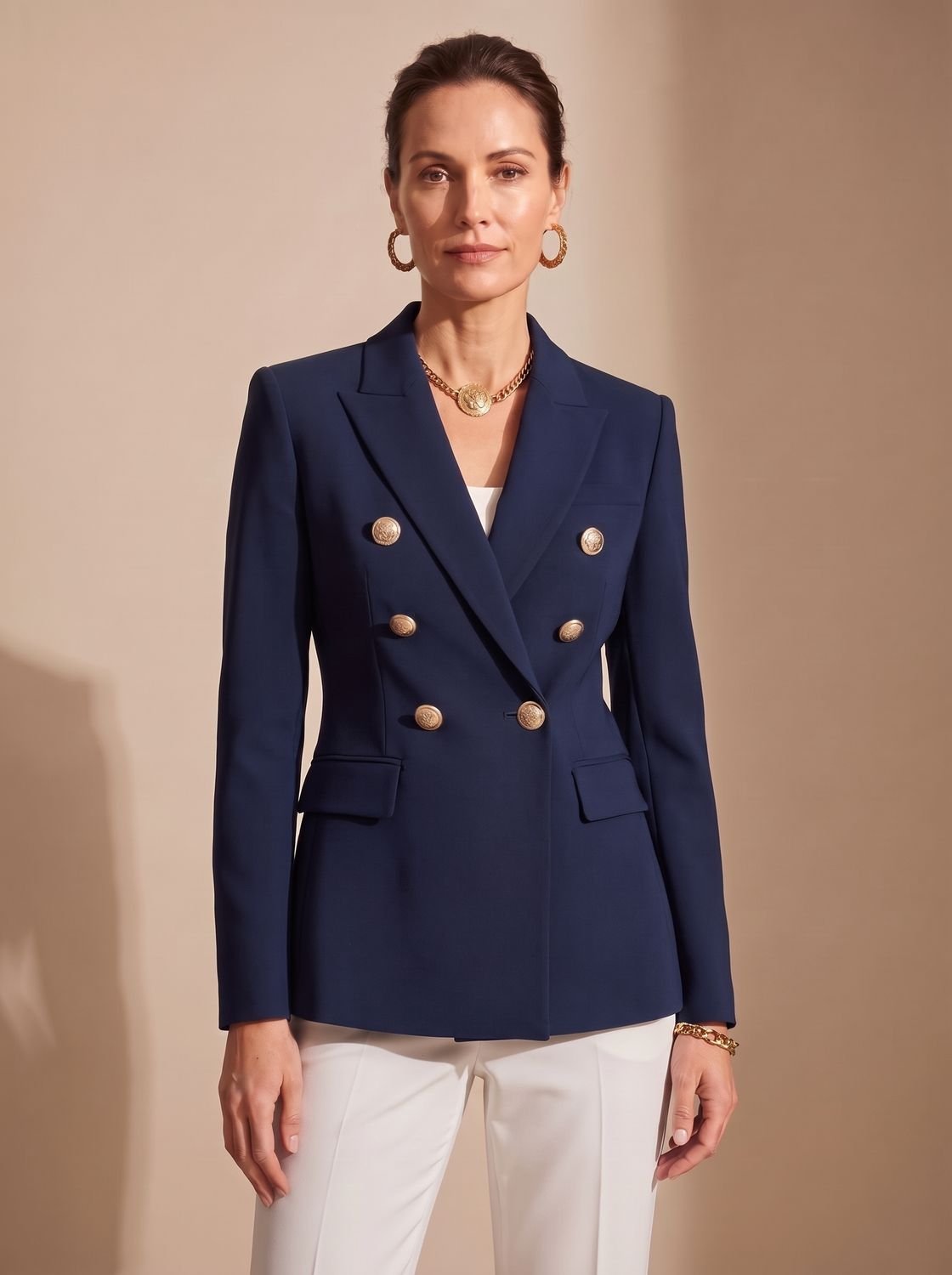 Women's Structured Double-Breasted Blazer with Hip Flap Pockets - Black