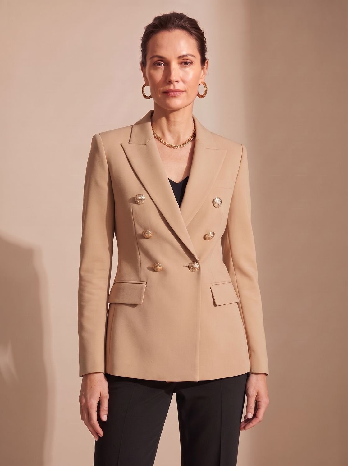 Women's Structured Double-Breasted Blazer with Hip Flap Pockets - Khaki