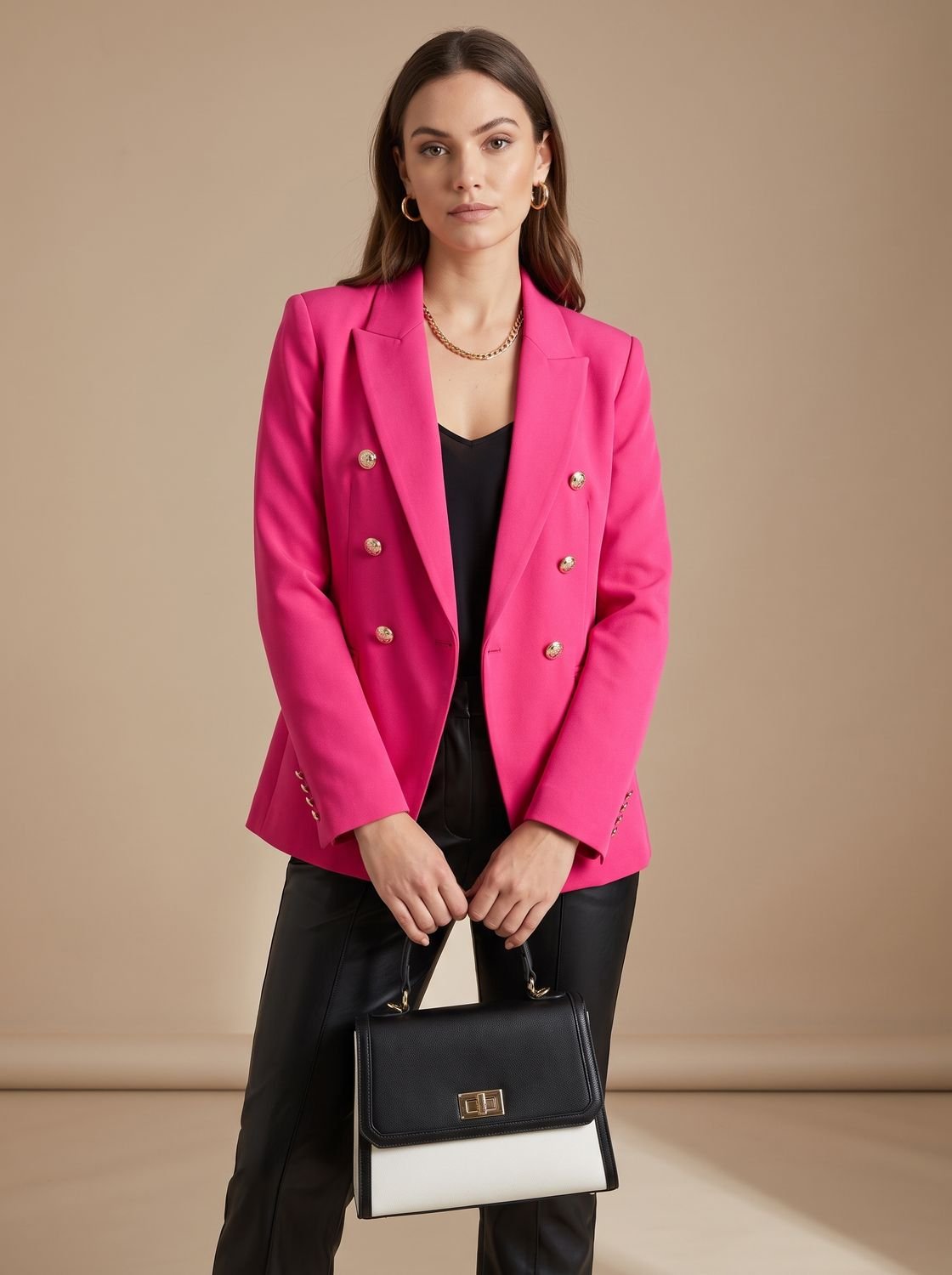 Women's Structured Double-Breasted Blazer with Hip Flap Pockets - Pink