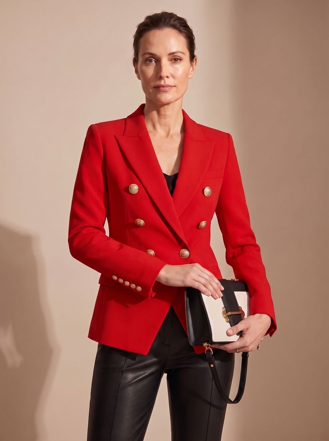Women's Structured Double-Breasted Blazer with Hip Flap Pockets - Red