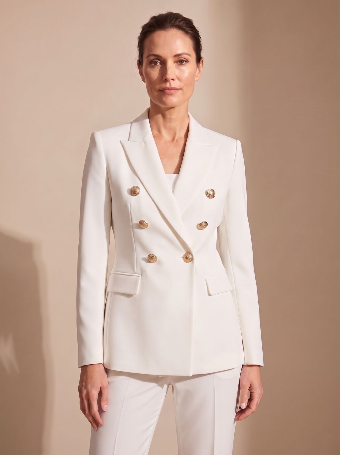 Women's Structured Double-Breasted Blazer with Hip Flap Pockets - White