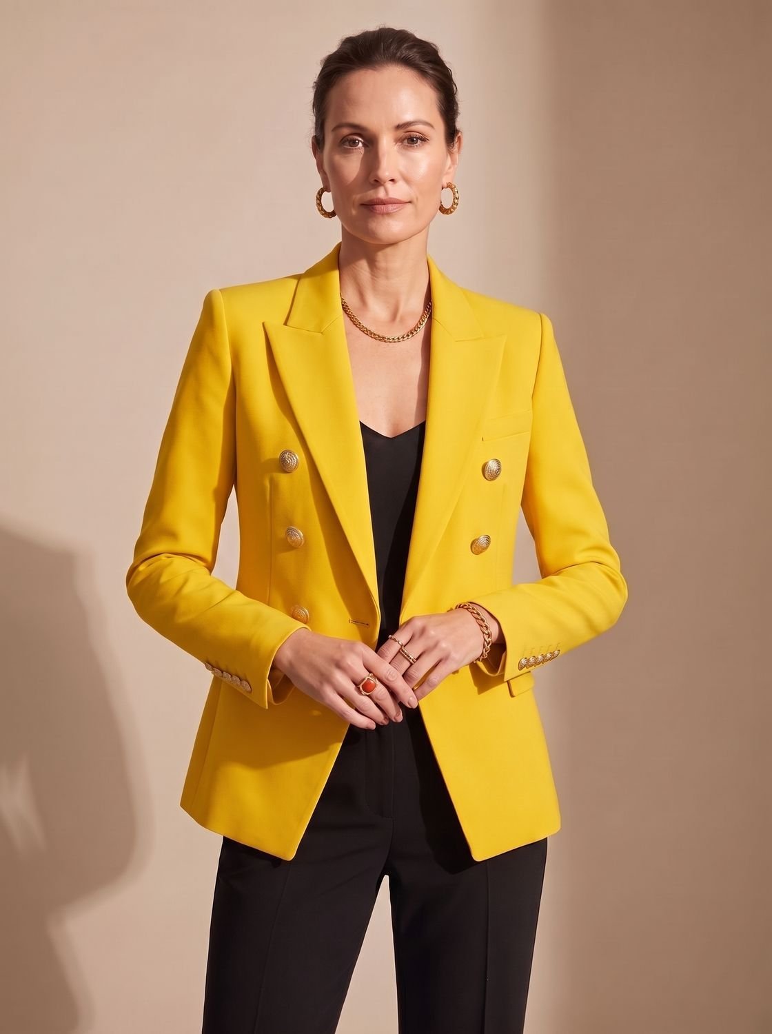 Women's Structured Double-Breasted Blazer with Hip Flap Pockets - Yellow