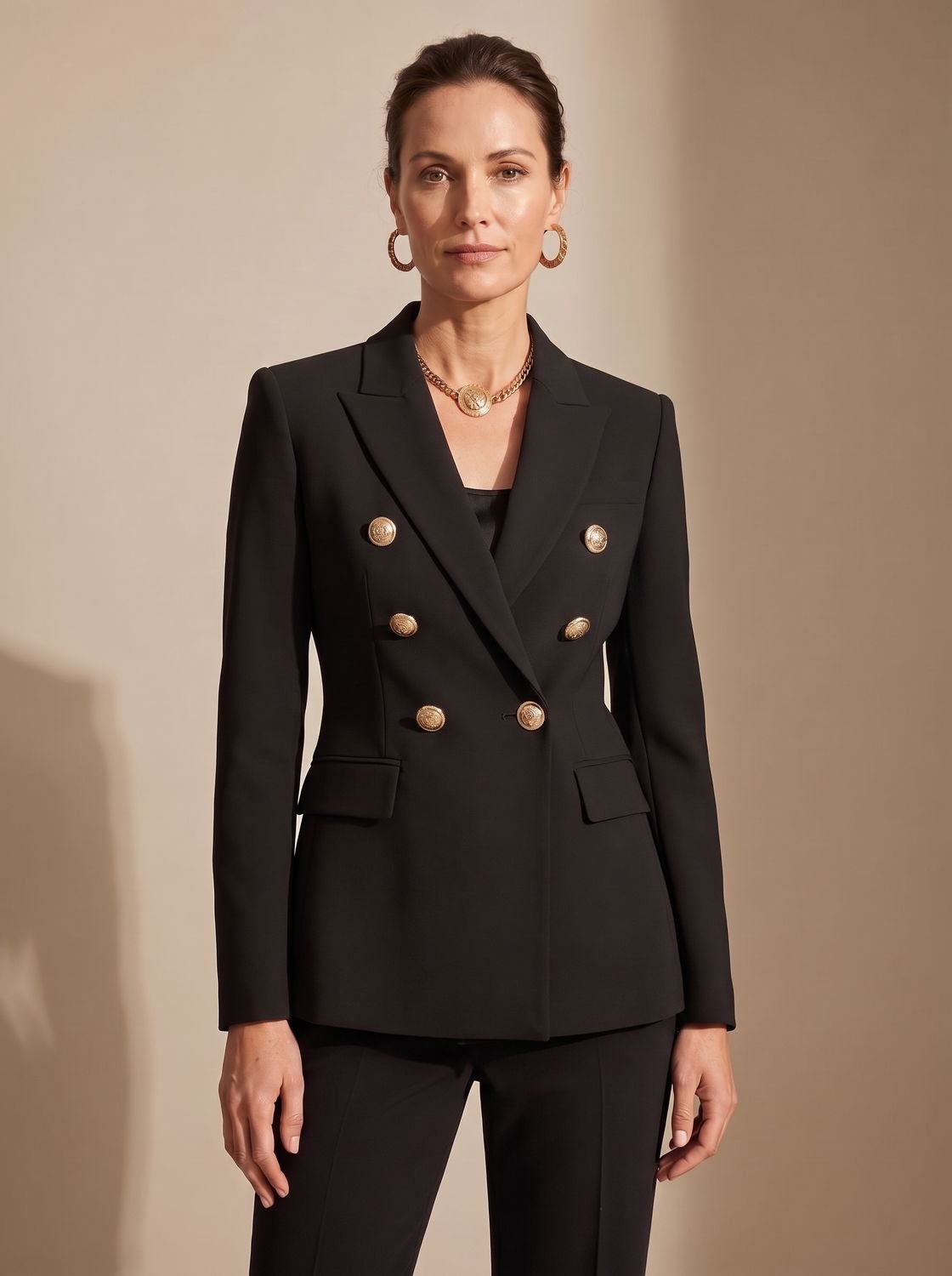 Women's Structured Double-Breasted Blazer with Hip Flap Pockets