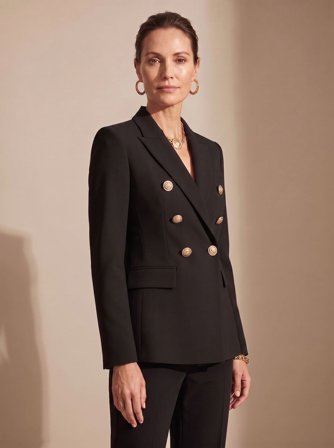 Women's Structured Double-Breasted Blazer with Hip Flap Pockets