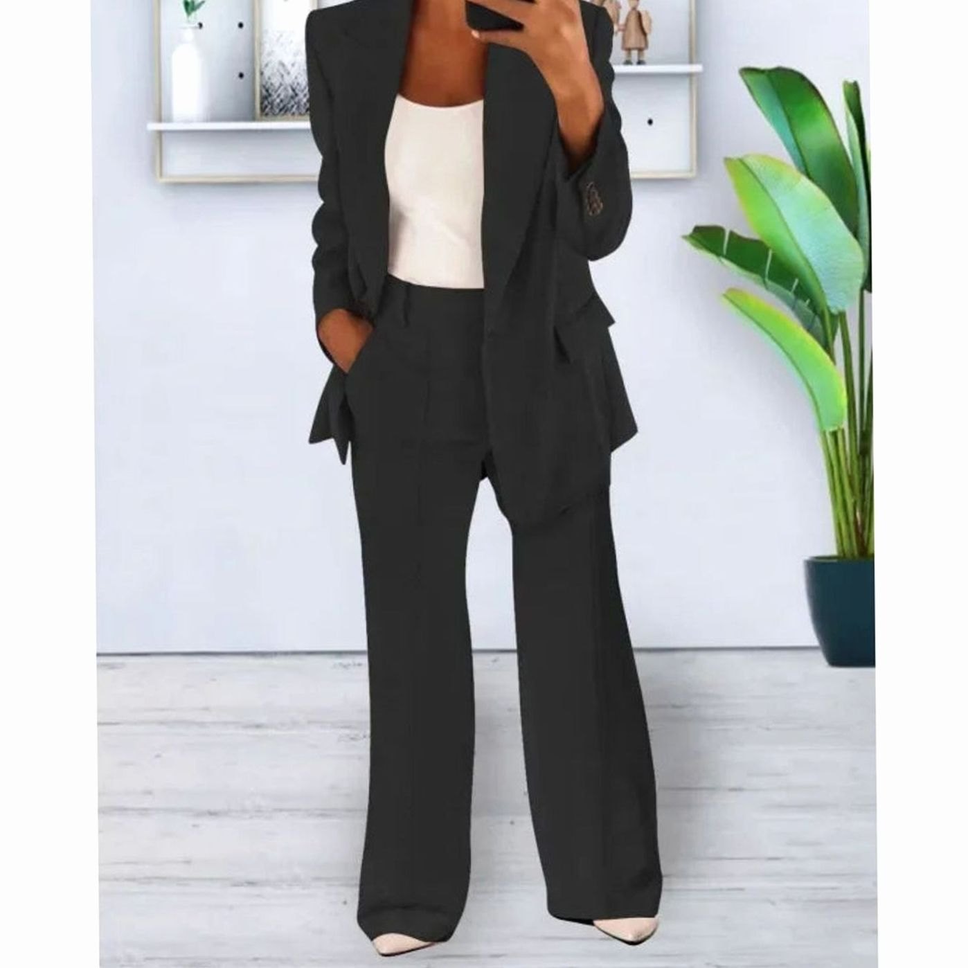 Women's Tailored Two-Piece Blazer Suit Set Wide-Leg Pants