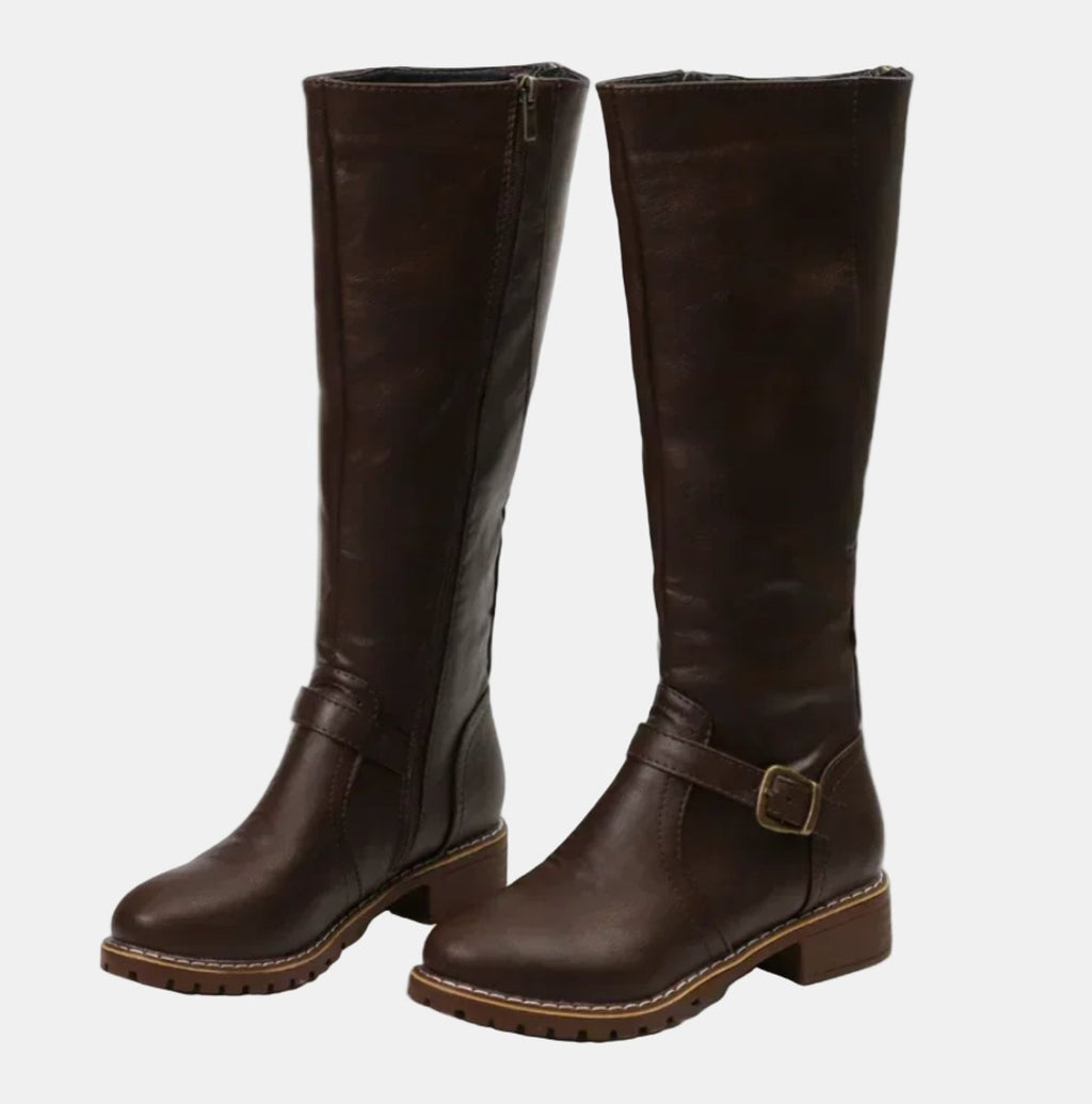 Women's Tall Riding Knee High Boots Buckle Strap Low