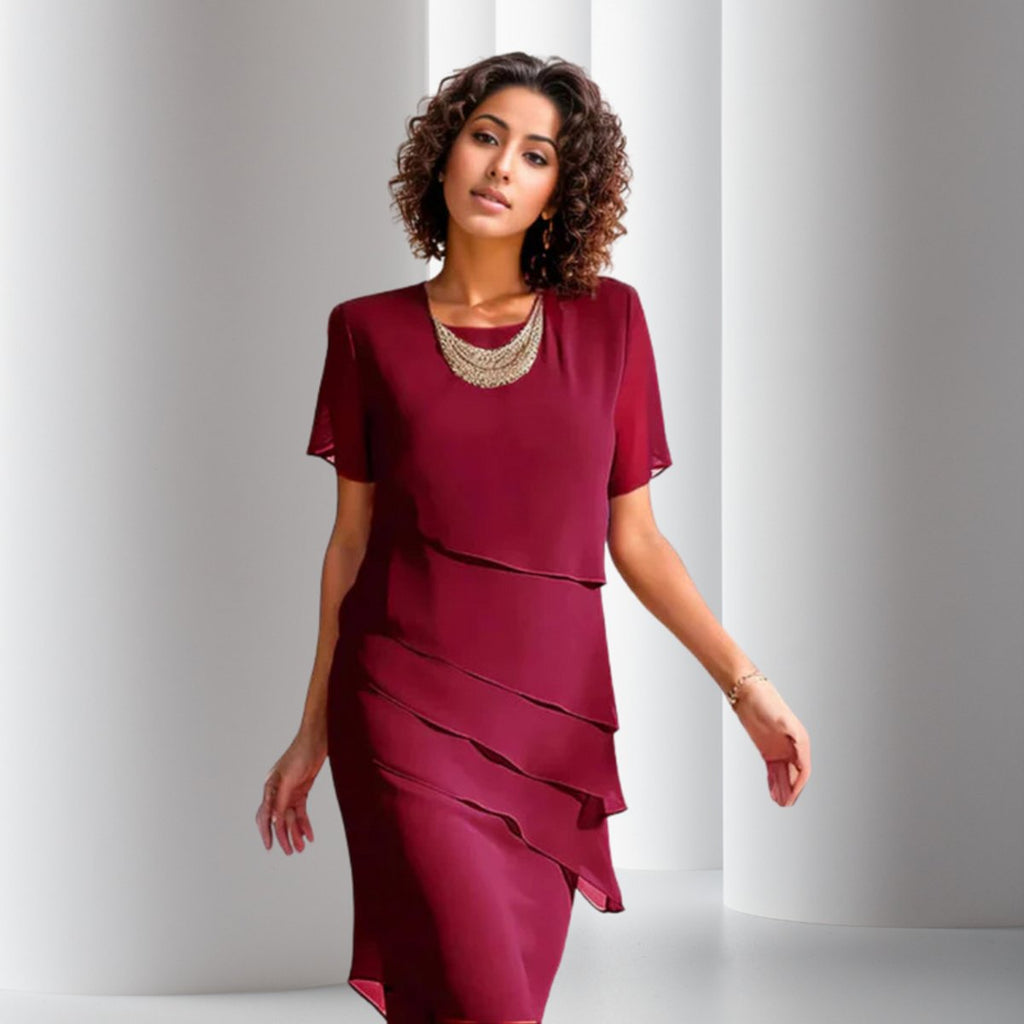 Women's Tiered Chiffon Cocktail Party Dress Short Sleeve