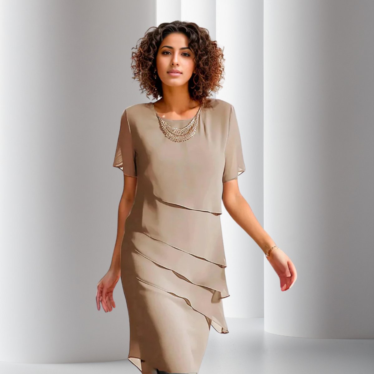 Women's Tiered Chiffon Cocktail Party Dress Short Sleeve