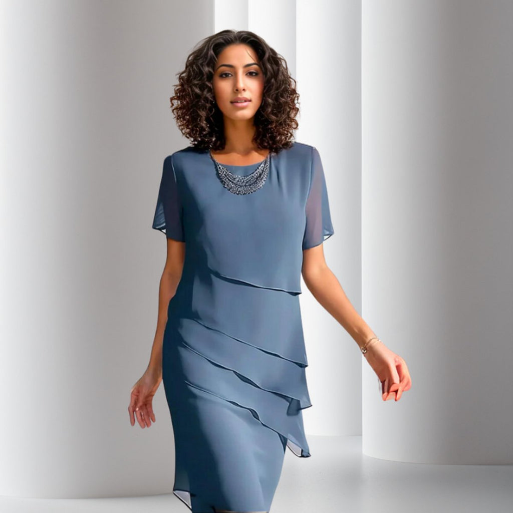Women's Tiered Chiffon Cocktail Party Dress Short Sleeve