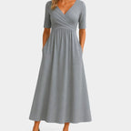 Women's V-Neck A-Line Midi Summer Dress Ruched Waist
