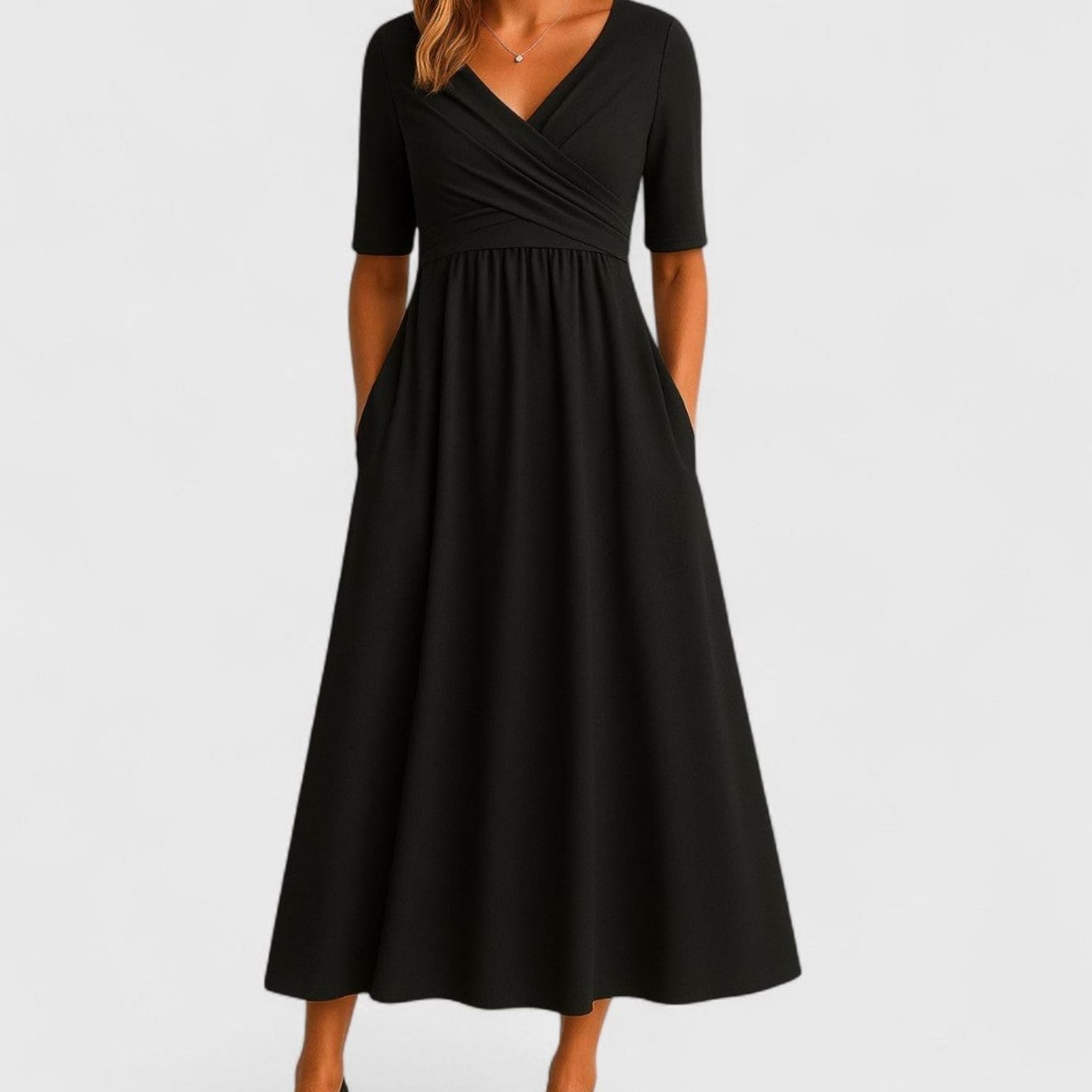 Women's V-Neck A-Line Midi Summer Dress Ruched Waist