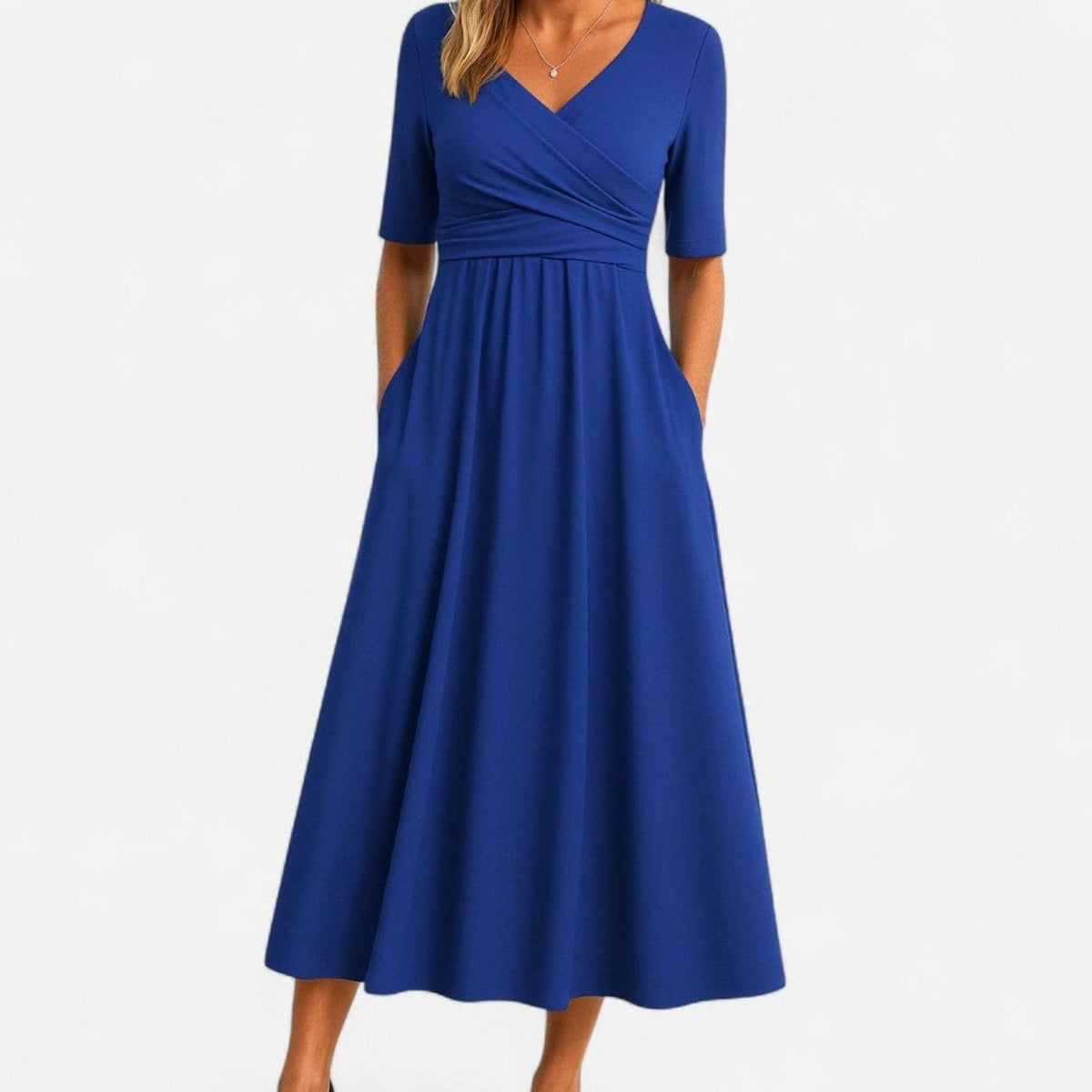 Women's V-Neck A-Line Midi Summer Dress Ruched Waist
