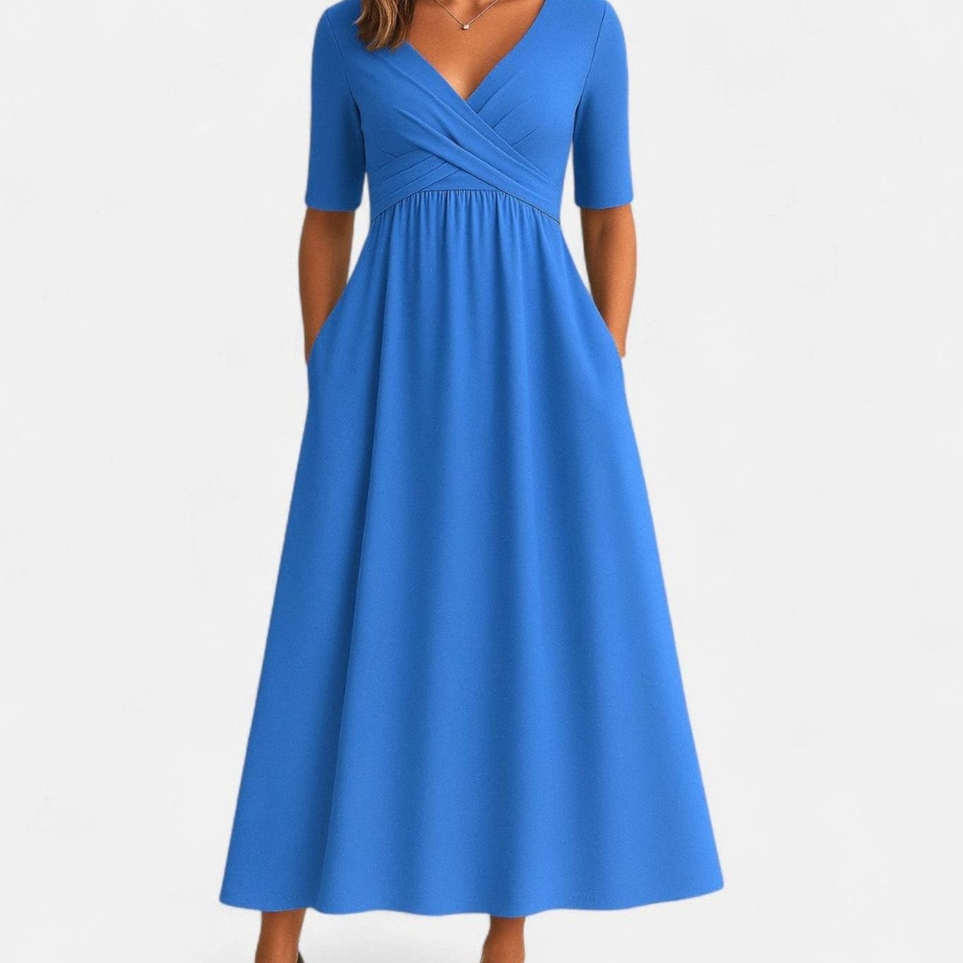 Women's V-Neck A-Line Midi Summer Dress Ruched Waist