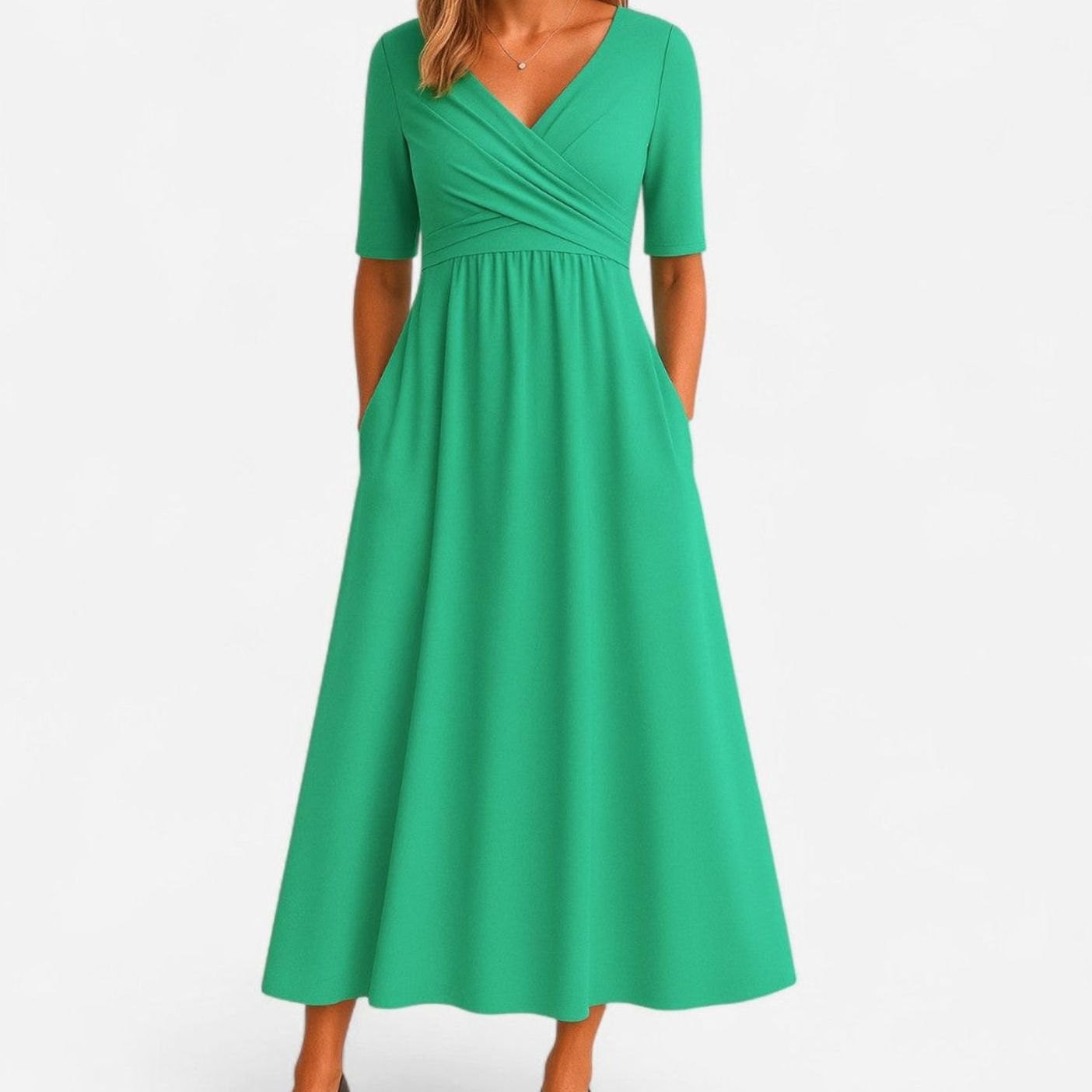 Women's V-Neck A-Line Midi Summer Dress Ruched Waist