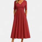 Women's V-Neck A-Line Midi Summer Dress Ruched Waist