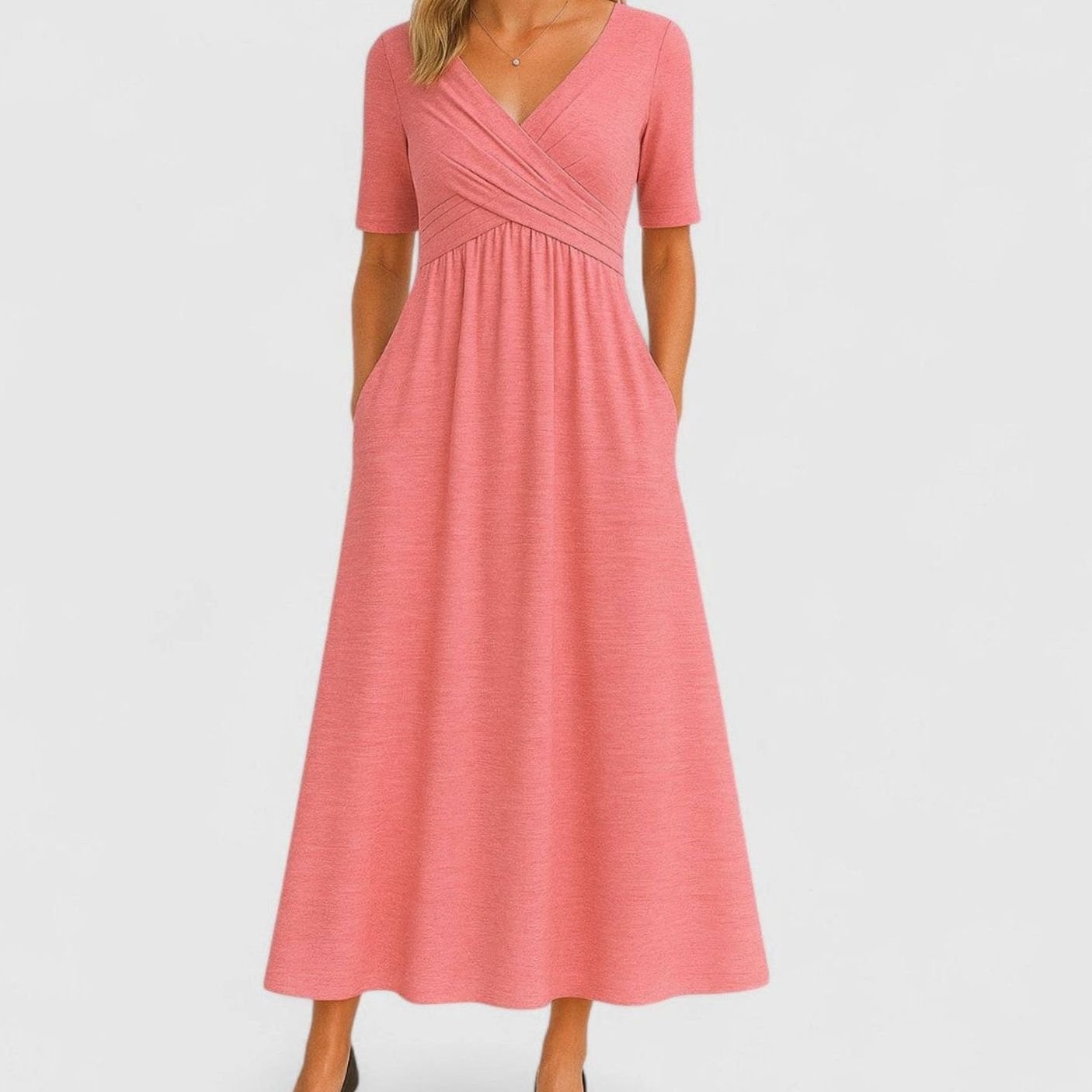 Women's V-Neck A-Line Midi Summer Dress Ruched Waist