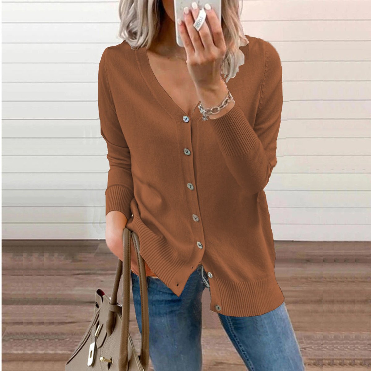 Women's V-Neck Button-Front Long Sleeve Knit Cardigan
