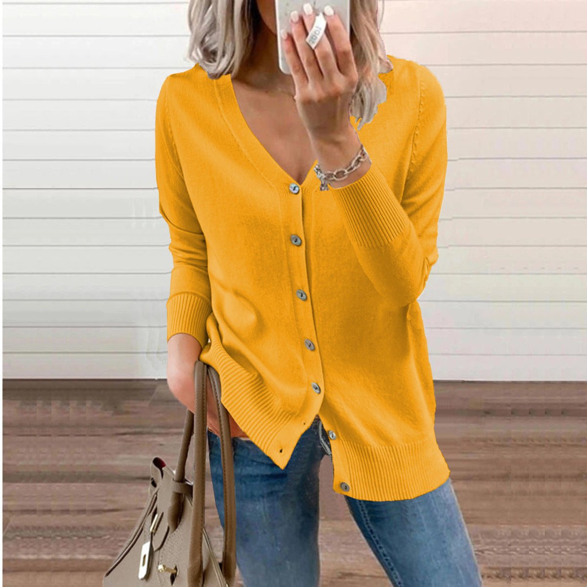 Women's V-Neck Button-Front Long Sleeve Knit Cardigan