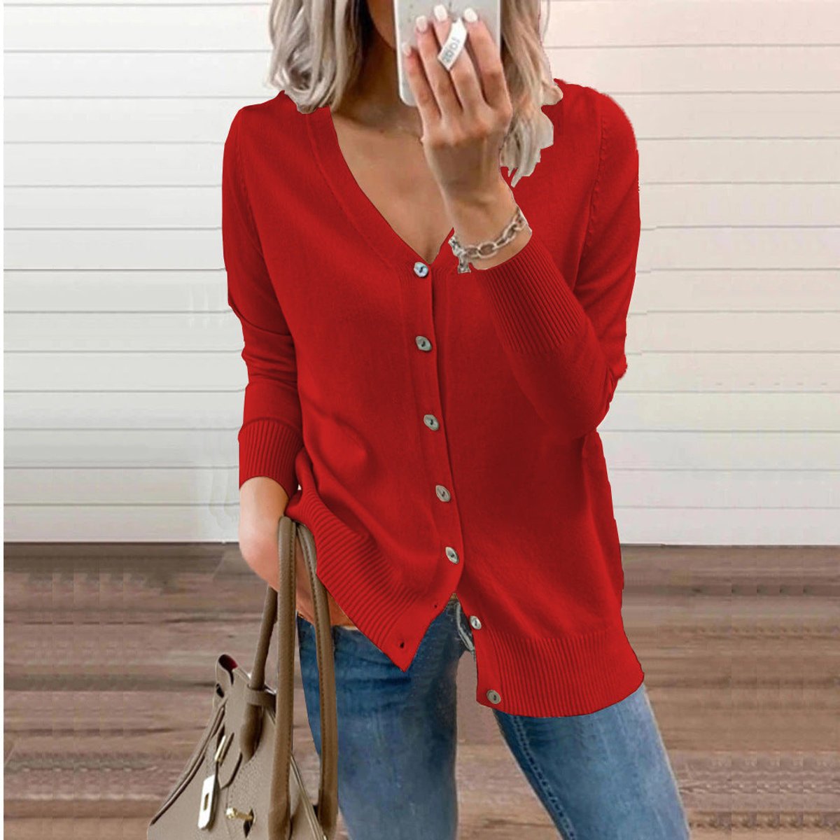 Women's V-Neck Button-Front Long Sleeve Knit Cardigan