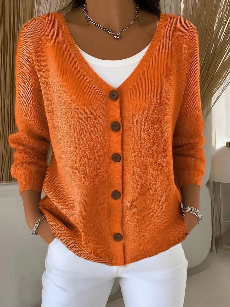 Women's V-Neck Button-Front Long Sleeve Knit Sweater