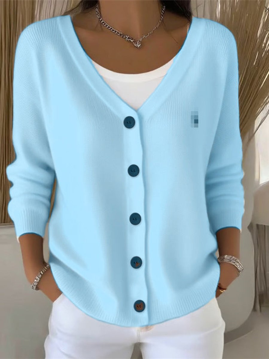 Women's V-Neck Button-Front Long Sleeve Knit Sweater