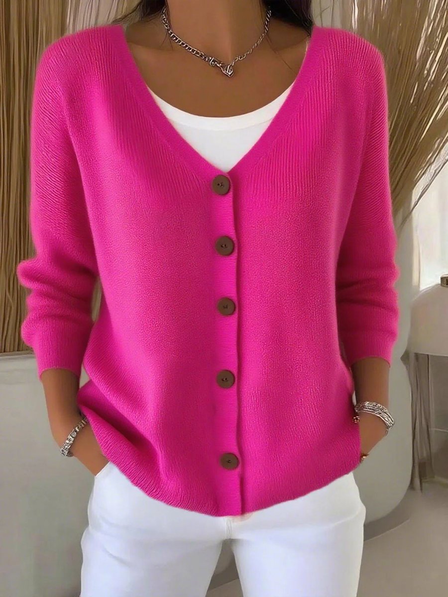 Women's V-Neck Button-Front Long Sleeve Knit Sweater
