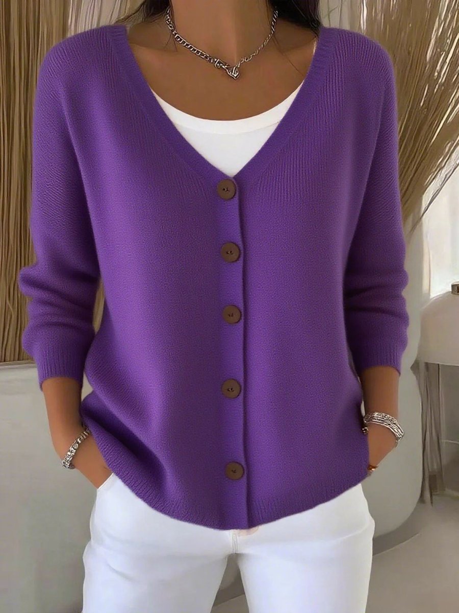 Women's V-Neck Button-Front Long Sleeve Knit Sweater