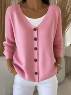 Women's V-Neck Button-Front Long Sleeve Knit Sweater